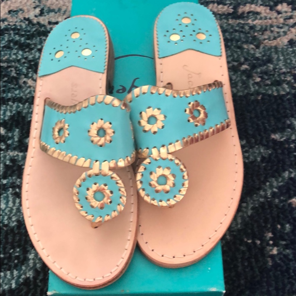 Aqua and gold Jack Rogers sandals